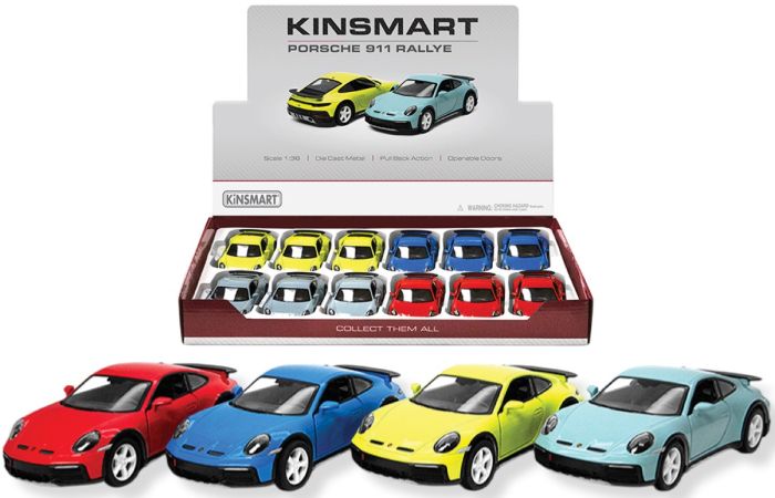 KINSMART – Porsche 911 Rallye – Modellino cm12 c/porte apribili – c/pull-back and go In espo da 12pz (xcm) 4ass…x12…x48